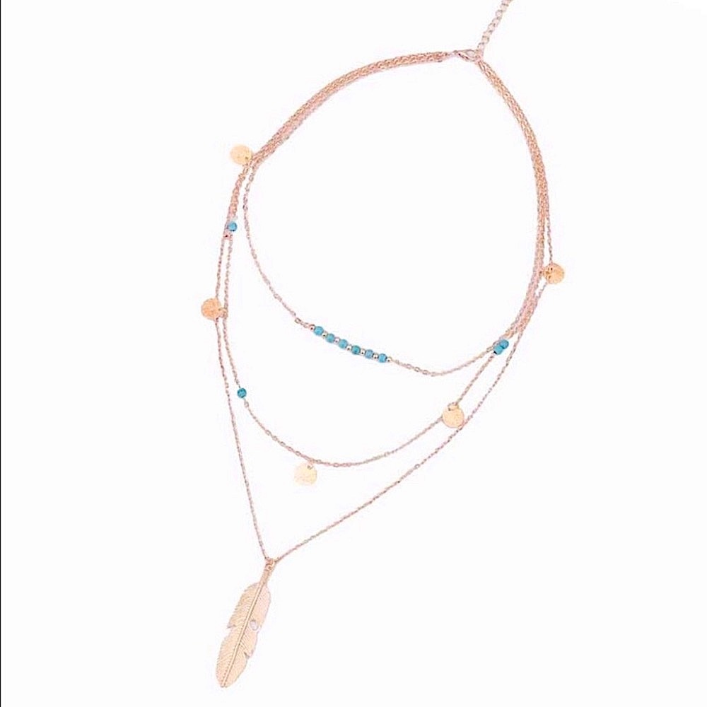 Chic Long Layered 3-Layered Fashion Feather Turquoise Boho Southwestern Necklace - Picture 4 of 5